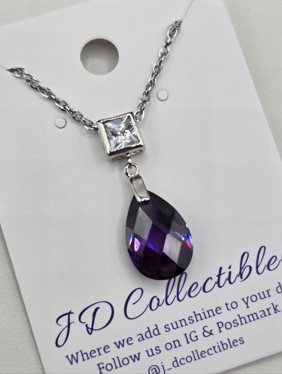 Swarovski Crystal Elements Silver Teardrop Necklace Purple Amethyst 18-20 inch - Picture 3 of 7
